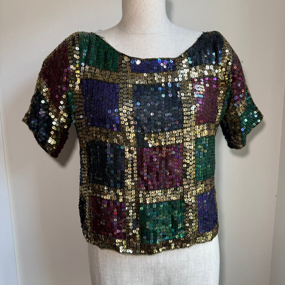Vintage Cee Cee Sequin Cropped Party Top Multicolor Beaded Women’s Small